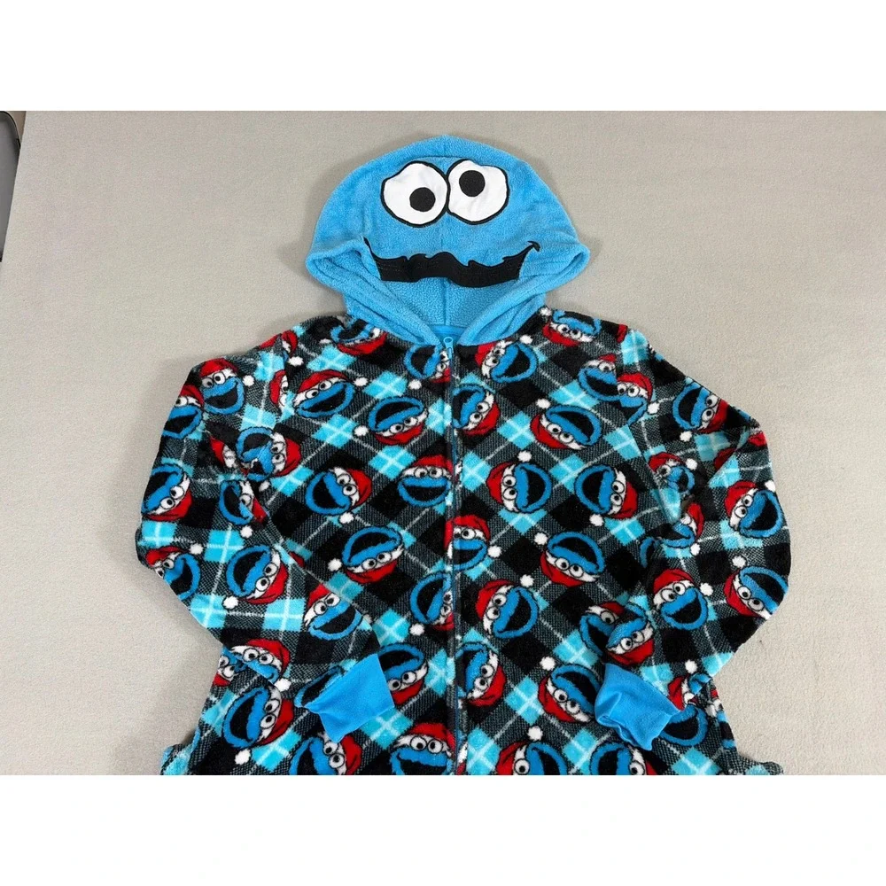 Sesame Street Cookie Monster Hooded One Piece Pajamas Suit Blue Plaid Medium